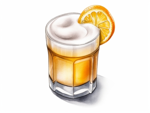 Classic color pencil illustration of a Whiskey Sour cocktail