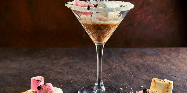 S'mores Martini with toasted marshmallow garnish