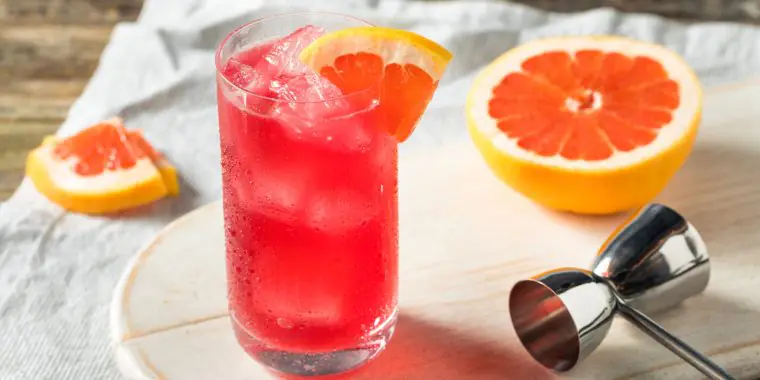 A Sea Breeze cocktail garnished with grapefruit