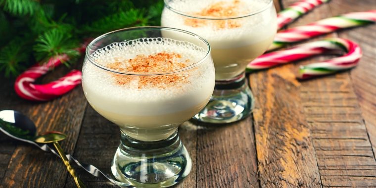 Dairy-Free Eggnog with candy cane garnish