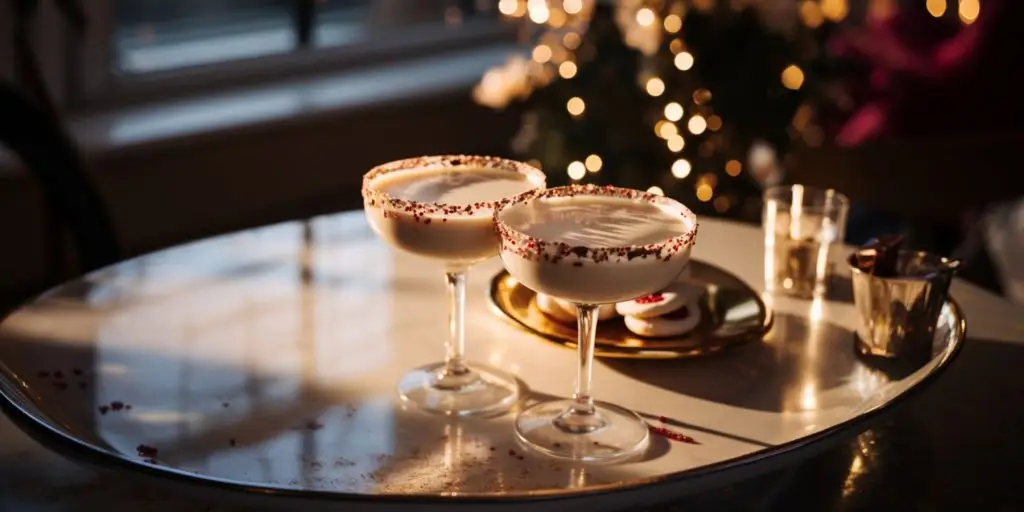 Two Sugar Cookie Martini cocktails on a table in a brightly decorated home lounge dressed for the holidays in sparkles and Christmas decorations