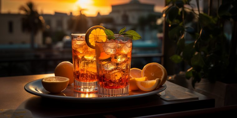 Two classic Americano cocktails in street café, Italian backdrop