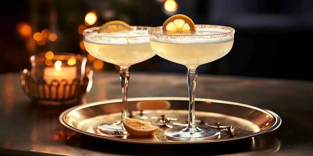 Two White Lady Christmas gin cocktails with lemon garnish