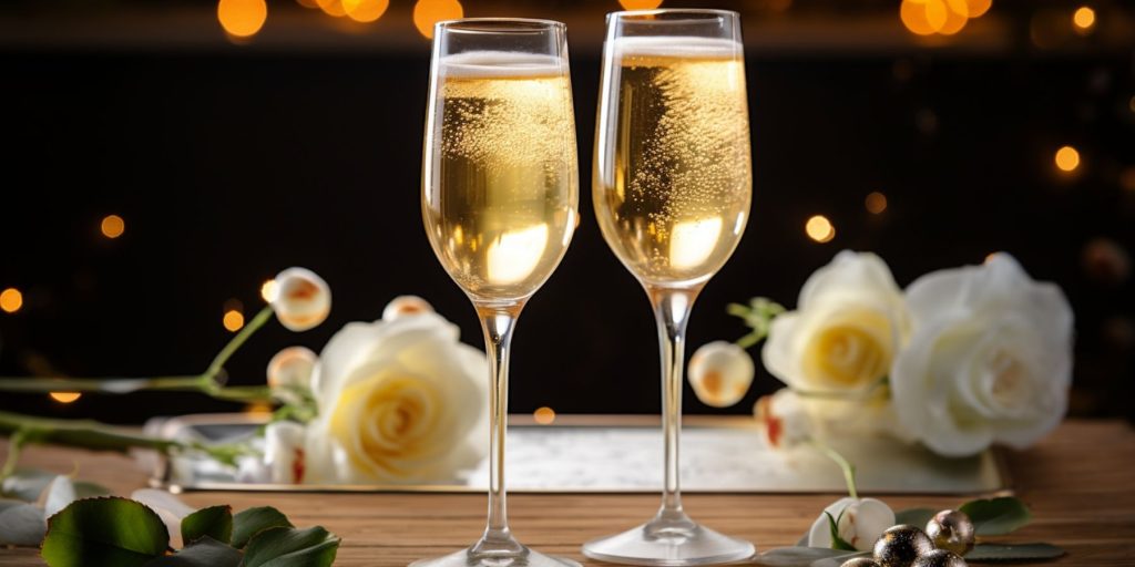 Two Holiday Elderflower Prosecco Cocktail on a table in an atmospheric home lounge dressed for the holidays with twinkly lights and fresh flowers