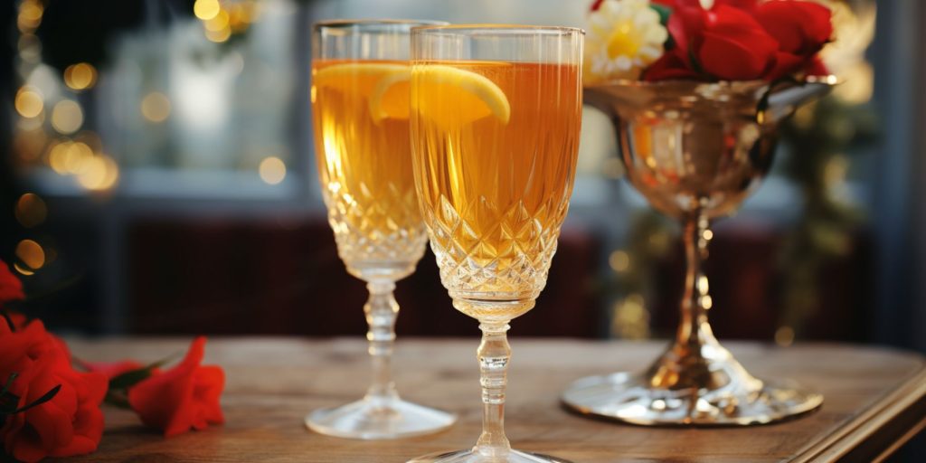 Two Mulled Fizz cocktails on a table in a home lounge in daytime, in a festive setting dressed for the holidays 