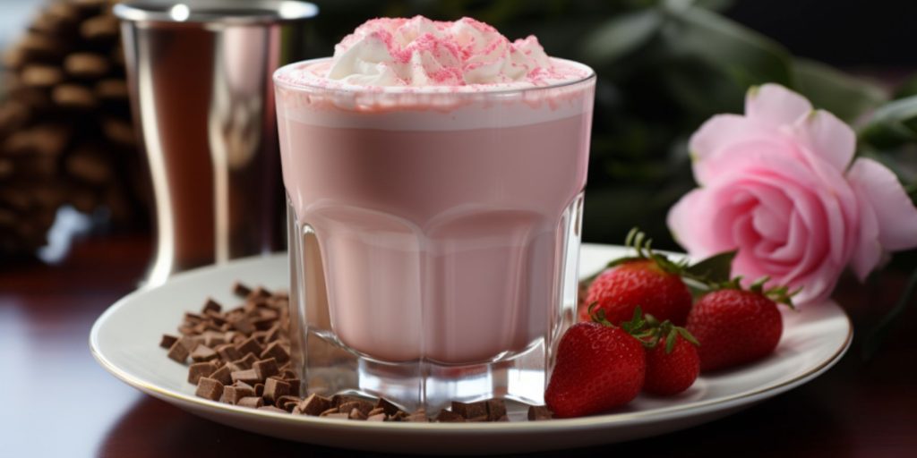 Close-up of a creamy Pink Mudslide cocktail in a rocks glass, with strawberries and choc chips to garnish