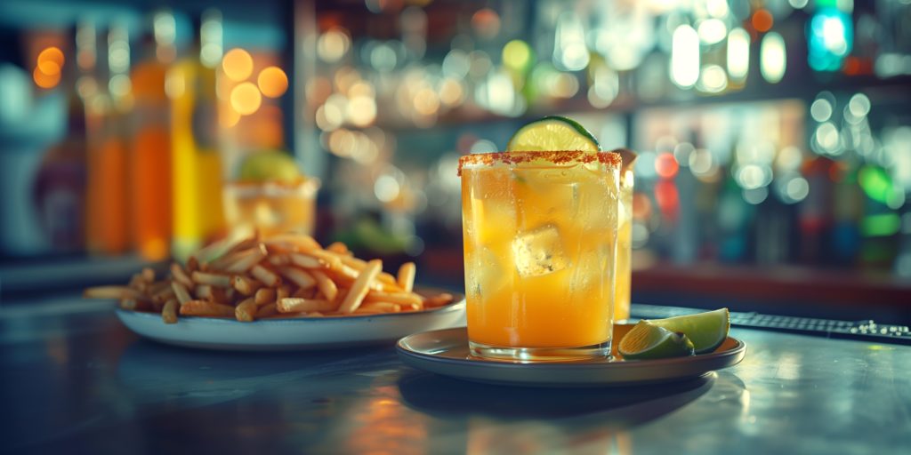 Two Spicy Margarita cocktails served with a plate of fries