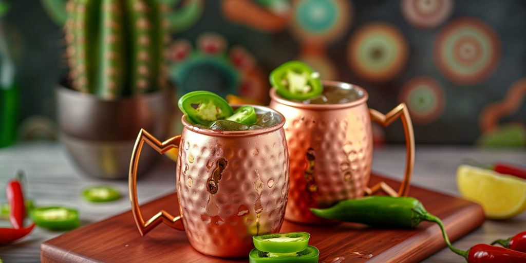 Two Jalapeño Mezcal Mules served in copper mugs 