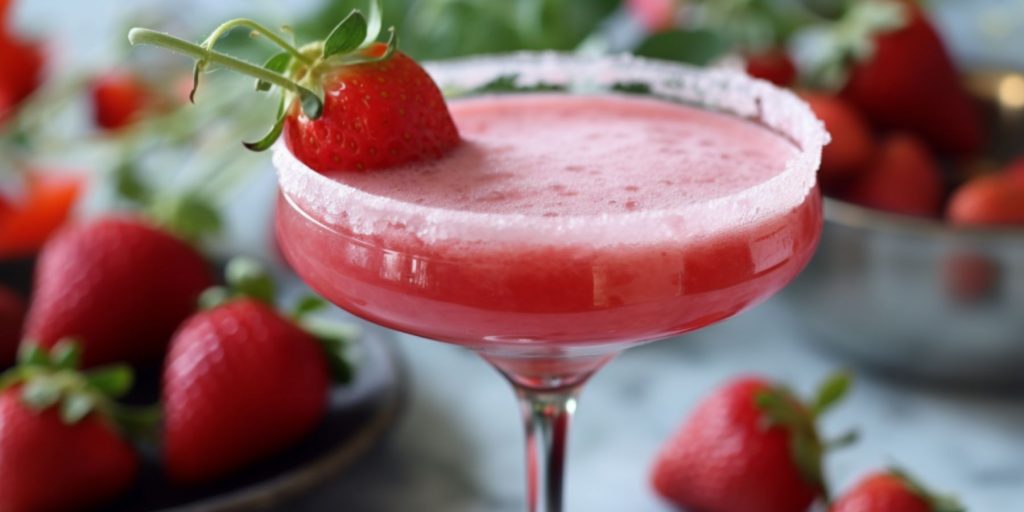 Close-up shot of a frothy Strawberry French 75 cocktail in a coupe glass, garnished with a fresh strawberry on the sugared rim