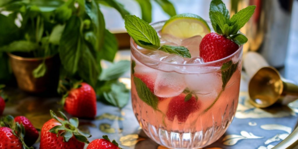 Close up of a Strawberry Gin Smash cocktail in a tumbler on a colorful counter in a brightly lit kitchen