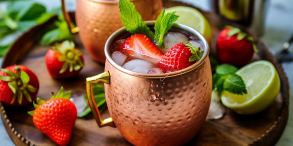 Close-up of a Strawberry Moscow Mule in a copper mug on a kitchen table in a bright kitchen