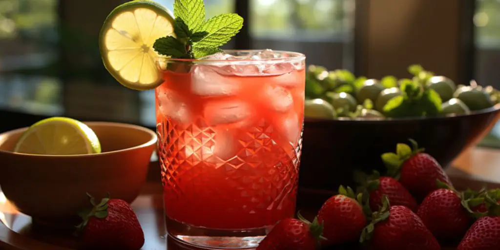Close up of a backlit glass of Strawberry Rum Punch garnished with a sprig of mint and a wheel of lime
