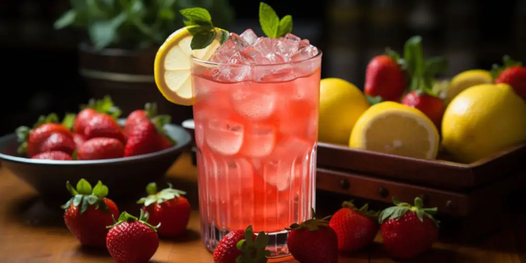 Close-up of a tall, icy glass of Tom Collins Cocktail on a wooden kitchen counter surrounded by fresh strawberries and lemons