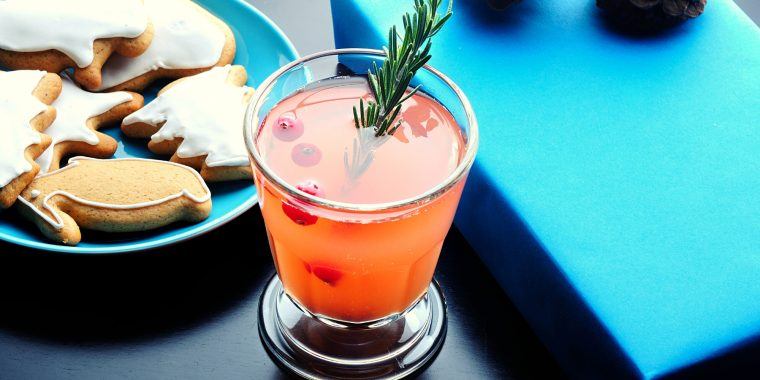 Festive cranberry mocktail with rosemary garnish