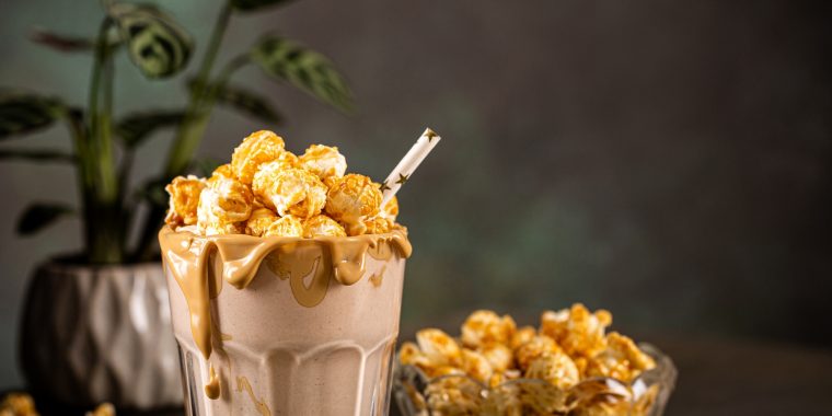 Chocolate Ice Cream Cocktail with caramel popcorn garnish