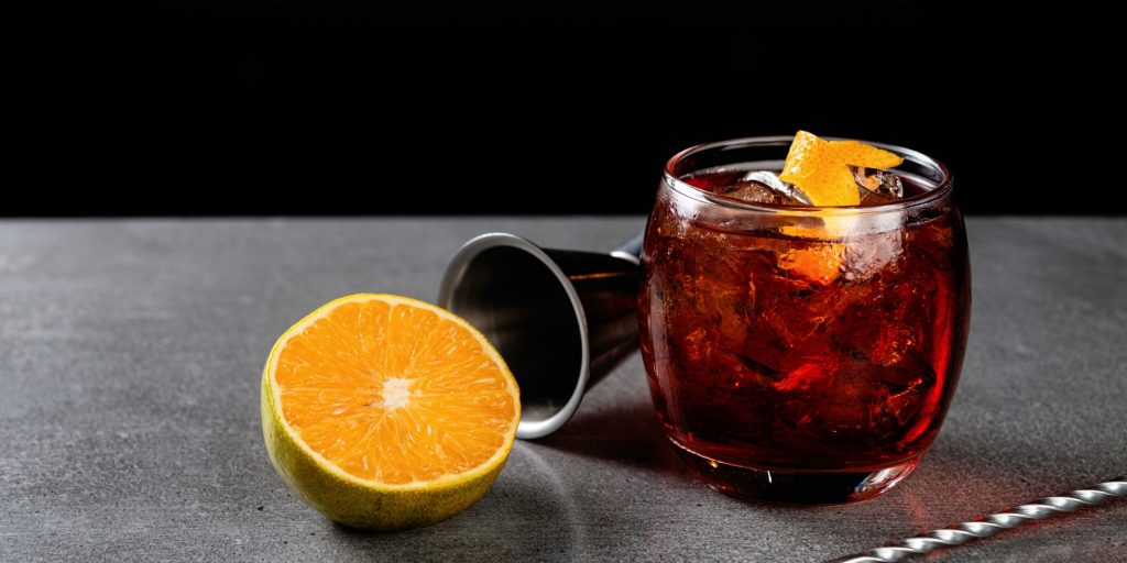 Averna Negroni cocktail garnished with orange