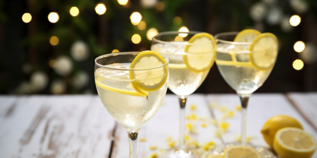 Three Almalfi Martini cocktails on a table at a festive occasion with sparkly lights in the background