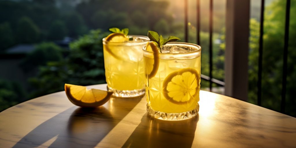 Two Bourbon Limoncello cocktails on a table outside on a veranda at dusk