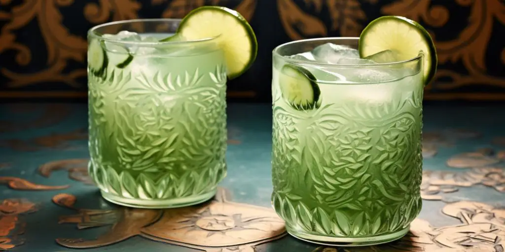 Two refreshing Cucumber Cooler cocktails on a colorful Indian print tablecloth in a modern home kitchen