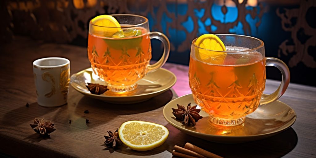 Two Hot Toddie cocktails on a table in a modern Indian restuarant