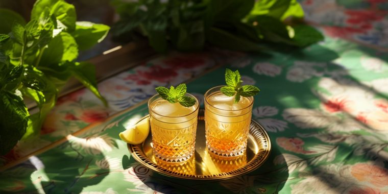 Two Indian cocktails on a copper serving tray on a colourful tablecloth on a sunny veranda