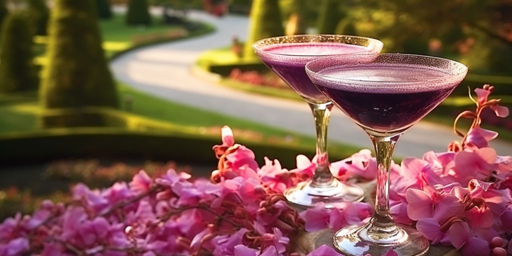 Two Jamuntini cocktails on a table in a bright Indian garden on a sunny day