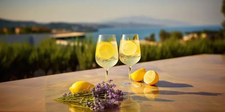 Wide shot of two Limoncello Spritz cocktails on a table outside overlooking lavender fields and the ocean beyond