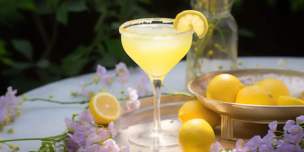 Limoncello Lemon Drop cocktail in a pretty outdoor setting with wisteria blooms