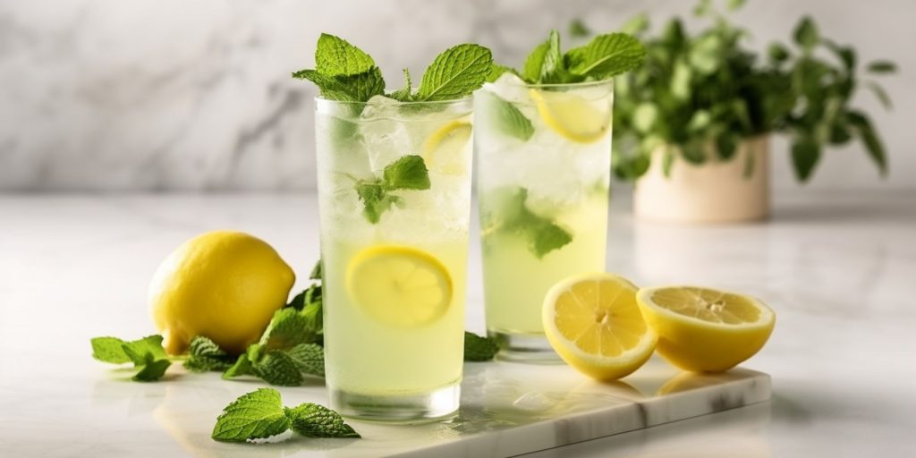 Two glasses of Limoncello Mojito cocktails in a white minimalist kitchen environment