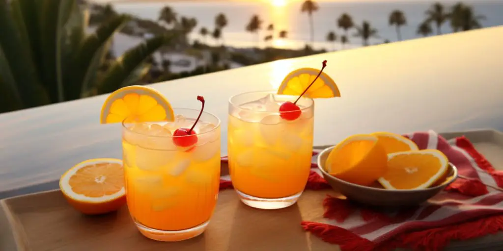 Two tumblers of Limoncello Sunrise cocktails on a table at dusk overlooking the ocean