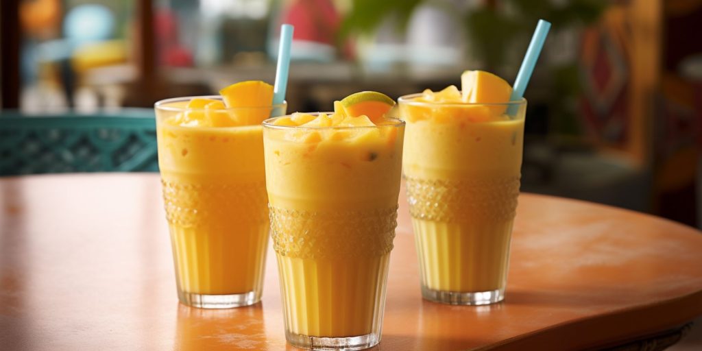 Three glasses of Mango Lassi With Kaffir Lime in modern Indian restaurant environment on a sunny day