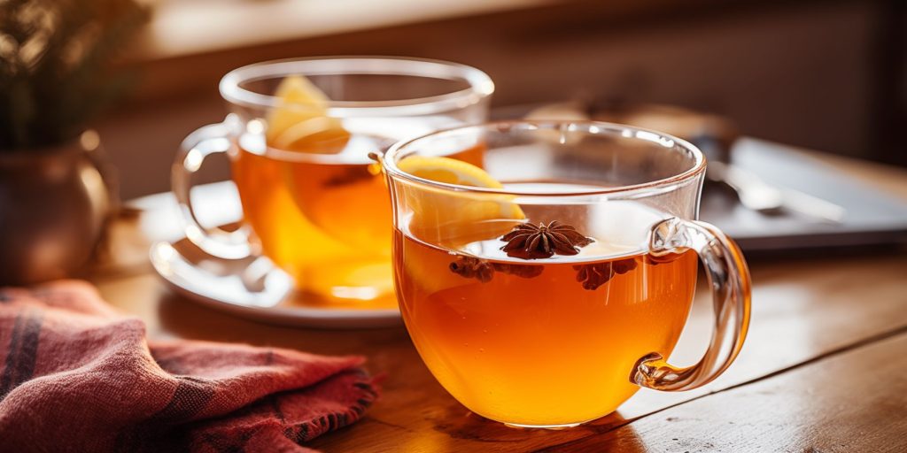 Two heat-proof mugs of Mulled Apple Cider on a table in a light bright home kitchen decorated for the holidays