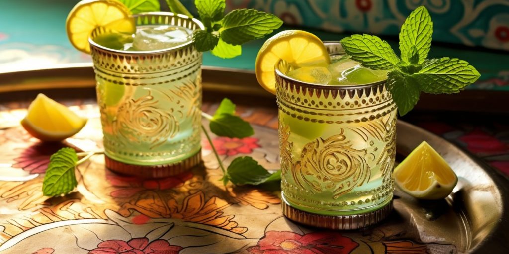 Two Nimbu Pani Mint Julep cocktails on a colourful tablelcloth in a modern Indian home kitchen