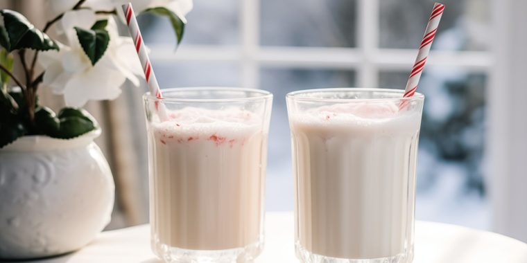 Two Peppermint White Russian Mocktails on a table in a light bright home kitchen overlooking a snowy scene through the window