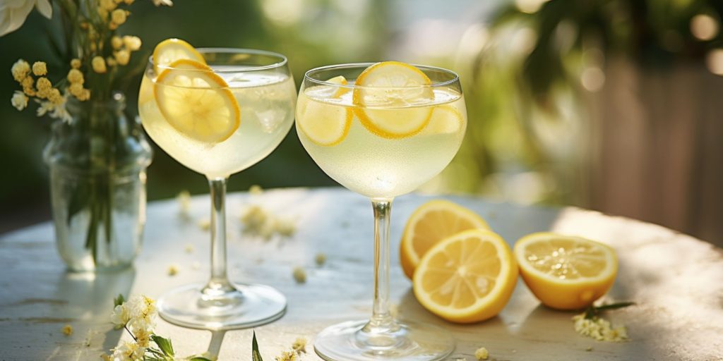 Two Sparkling Limoncello cocktails on a table outside in daytime in a space decorated for a daytime wedding