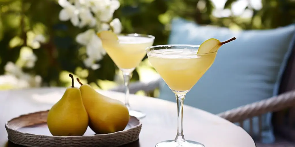 Two Tuscan Pear cocktails on an ourdoor table in a pear orchard in daytime