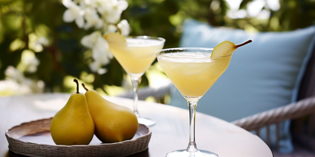 Two Tuscan Pear cocktails on an ourdoor table in a pear orchard in daytime