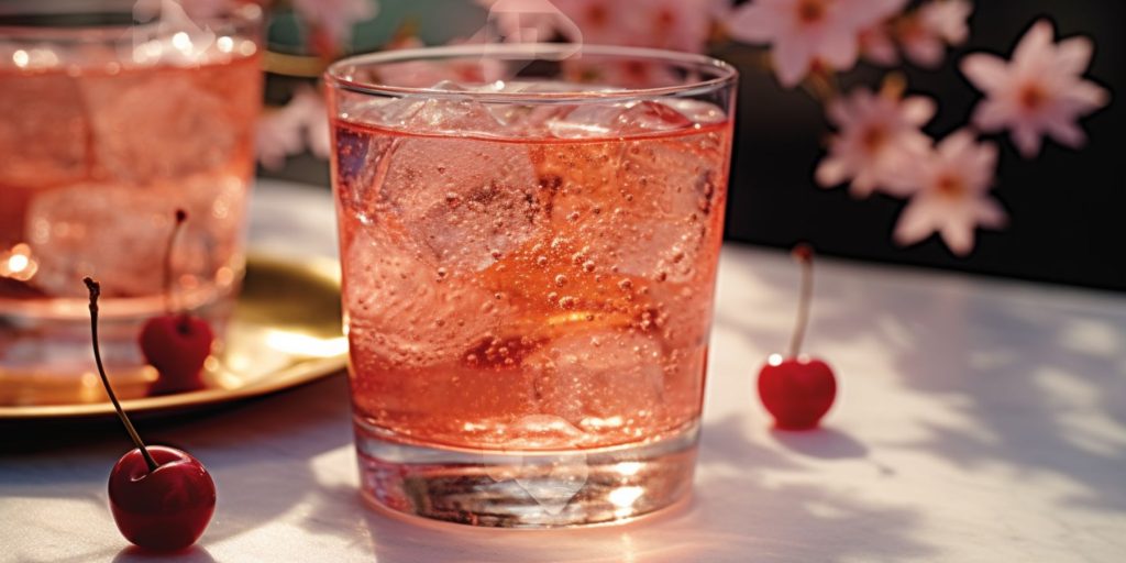 Close up of a Cherry Moon cocktail on a table outside in the daytime beneath a flowering cherry tree