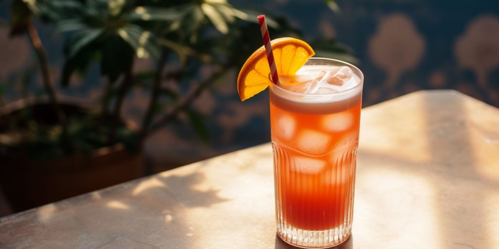 Close up of a Chinese Fizz cocktail garnished with a slice of lemon, on a table outside in a typical Chinese courtyard in daytime