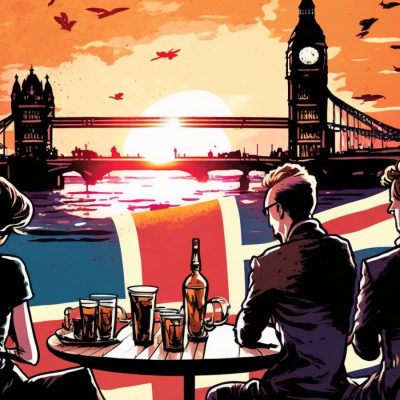 Colorful abstract illustration of a group of friends enjoying drinks at sunset in London