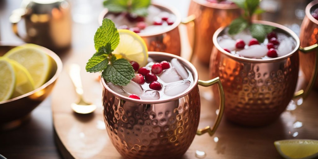 Close up of a trio of Cranberry Moscow Mule cocktails in a light bright home kitchen environment