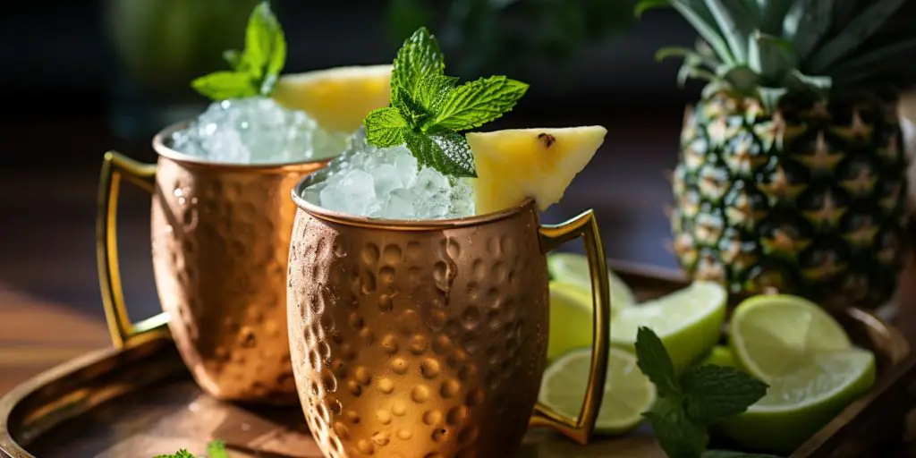 Close up of two Pineapple Moscow Mules in bright coppper mugs, garnished with fresh slices of pineapple, and with a fresh whole pinepple in the background