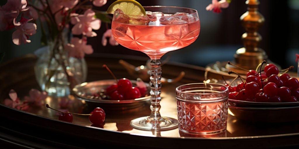Close up of a St Germain and Cranberry cocktail in an ornate cut-glass serving glass on a side table at a dinner party with an arrangement of blossoms in the background