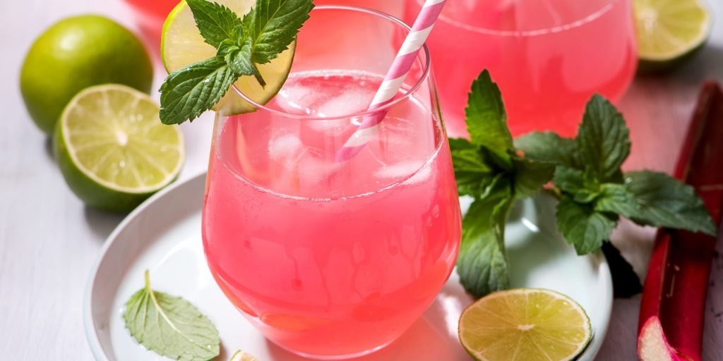 Two zesty Rhubarb Gin & Tonic cocktails on a white serving platter surrounded by mint, lime slices and fresh rhubarb