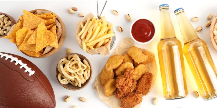 A festive Super Bowl spread with snacks and drinks to celebrate the football final