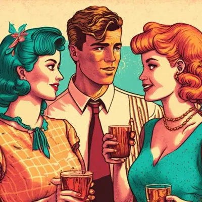 colorful illustration of young men and women enjoying a 1950s cocktail party