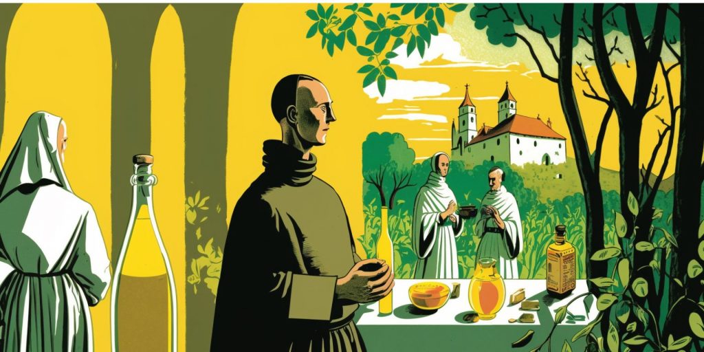 Illustration of a monk standing in front of table with herbal liqueur, with a nun to his left, and two more monks walking in a garden in the background