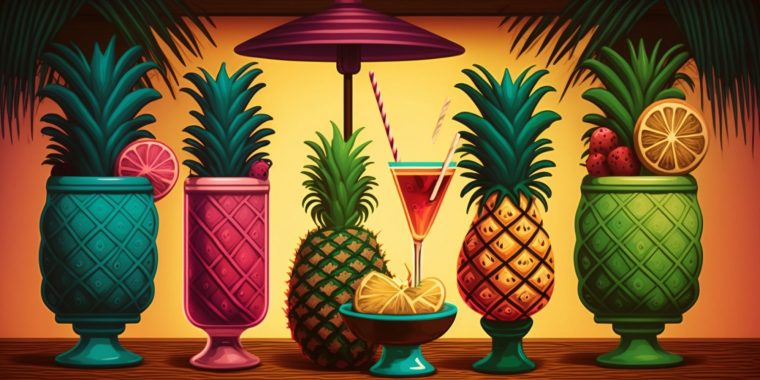 Retro illustration of a variety of pineapple juice cocktails in glasses and Tiki cocktainers, interspersed with fresh pineapples