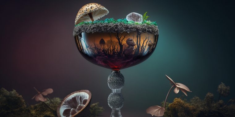 A fanciful image of The Clicker cocktail garnished with and surrounded by a variety of mushrooms and assorted fungi