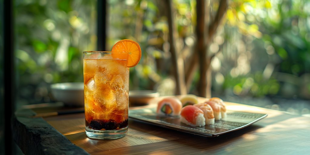 The Beast cocktail served in a highball glass garnished with an orange wheel and with muddled cherries in the bottom of the glass, served with a plate of sushi